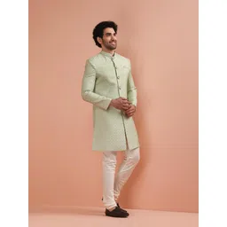 kisah Men Green Jacquard Indowestern Sherwani Churidar Set with Geometric image 3