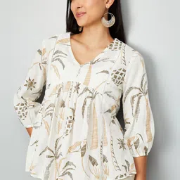 Casual Regular Sleeves Printed Women Beige Top-image-0