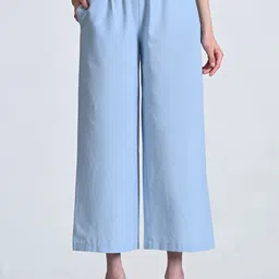 ambi Women Regular Fit Light Blue Cotton Blend Trousers-picture-17