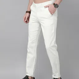 roadster Men Regular Fit White Pure Cotton Trousers image 2