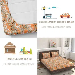 yaakholic Orange Floral 220 TC Cotton Blend Fitted Double Bedsheet With 2 Pillow Covers image 2