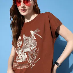 roadster Women Printed Round Neck Cotton Blend Brown T-Shirt-picture-20