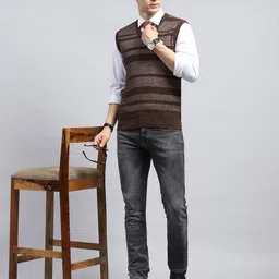 monte carlo Men Self Design V Neck Brown Sweater image 4