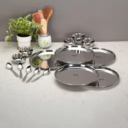 sumeet Pack of 15 Stainless Steel Stainless Steel Heavy Gauge Dinner set of 6 Pcs (2 Plate,2 Bowl,2 Spoon), Silver Dinner Set-picture-30