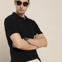 encore by invictus Men Solid Polo Neck Pure Cotton Black T-Shirt image 3