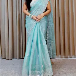 shree impex Applique, Embellished, Embroidered, Floral Print Bollywood Tissue Saree image 1