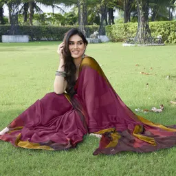 mirchi fashion Printed, Striped Leheria Chiffon, Georgette Saree image 5