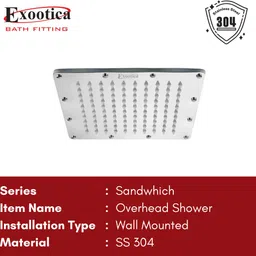 exootica Stainless Steel 304 Square Shower Head, 4 x 4In Size, Silver Sandwhich Fixed Mount image 2