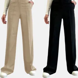 whisq Pack of 2 Women Regular Fit Beige, Black Cotton Blend Trousers-picture-34