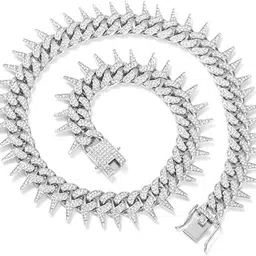 Cuban Link Chain for Men Women IcedOut with Thorns Diamond Shining Hip Hop Cubic Zirconia Silver Plated Stainless Steel Chain-image-30