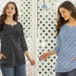 Pack of 2 Women Floral Print Khadi Cotton A-line Kurta-image-72