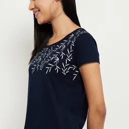 max Women Printed Round Neck Pure Cotton Navy Blue T-Shirt image 4
