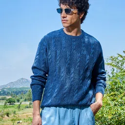 campus sutra Men Self Design Round Neck Blue Sweater-picture-20