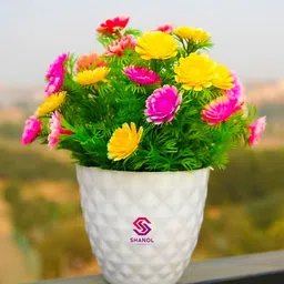 shanol Artificial multy flowers with white heavy plastic pot ( 18 cm) Multicolor Wild Flower Artificial Flower with Pot image 1