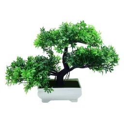 Small Green Leaves Plastic 3 Headed Bonsai Tree with Pot by Foliyaj image 2