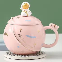 bonzeal Pink Planet Space Astronaut Coffee Cup With Lid Spoon Set Birthday Gift Item Ceramic Coffee Mug image 1