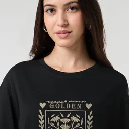 bewakoof Women Graphic Print Round Neck Pure Cotton Black T-Shirt image 5