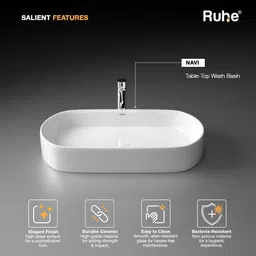 ruhe Navi Premium White Glaze Ceramic Table Top Wash Basin 28 x 14 x 6 Inches Over Counter Basin For Bathroom and Kitchen Counter Top image 3