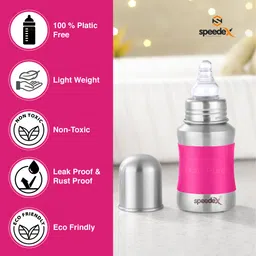 speedex Stainless Steel Baby Feeding Bottle , Brush (140 ml, 1 Extra Nipple Free)-Pink - 140 ml image 3