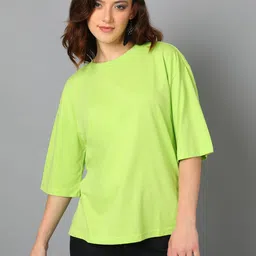 kotty Women Solid Round Neck Cotton Blend Light Green T-Shirt image 1