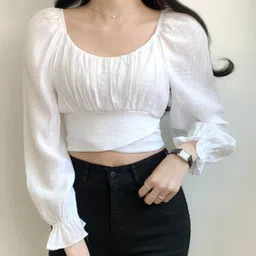 bajarhub Pack of 2 Casual Bell Sleeves Self Design Women White Top image 3