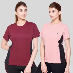 white moon Pack of 2 Women Colorblock Round Neck Polyester Multicolor T-Shirt-picture-21