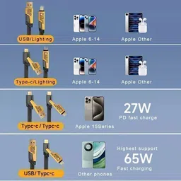 VOOCfiT USB Type C Cable 13 A 1 m Nylon METAL 4 in 1 cable 65W Fast Charging , 27W Compatible for- ios & Android with MFI Certified cable image 3