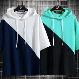 Pack of 2 Men Colorblock Hooded Neck Cotton Blend Navy Blue, Black T-Shirt-image-70