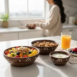 cleevora Wooden Serving Bowl Wood Bowl Set of 3 Brass Inlay Work: Salad, Soup, Snacks, Prep Serving Dish image 4