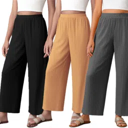 shopsolution Pack of 3 Women Relaxed Black, Beige, Grey Crepe Trousers-picture-27