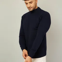 kvetoo Men Solid High Neck Blue Sweater image 3