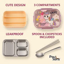 raycraft Unicorn Style Partition 700ml Kids Lunch Box with Spoon & Container with Lid 3 Containers Lunch Box image 3