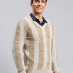 monte carlo Men Striped V Neck Brown, Grey Sweater image 4