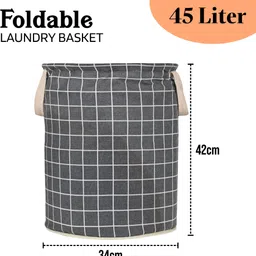 homestic Cotton Checks Cotton 45L Foldable Toys Organizer for Kids Room | Dark Grey Storage Basket image 3