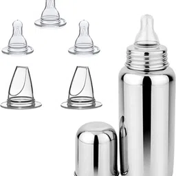 Baby Steel Feeding Bottle with Nipples Pack of 3 & Sipper nipples Pack of 2 - 300 ml-image-4