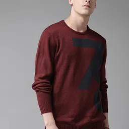 roadster Men Printed Round Neck Maroon Sweater-picture-22