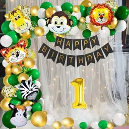 Solid JUNGLE THEME 1st Birthday Party Decoration Kit with White Net curtain Backdrop Balloon-image-26