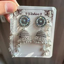 homemet Silver Bahubali Earring for Women Jhumki Bahubali Baliyan Jhumka With Hair Chain Diamond White Metal Jhumki Earring image 2