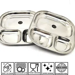 nyra ® Stainless Steel 3 in 1 Pav Bhaji Plate/Compartment Bhojan Thali Mess Trays Sectioned Plate image 5