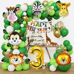 aniloons Jungle Theme Birthday Decoration Kit - 3YR With Animal Character Printed Banner image 1