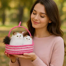 ppp collections Cute Fluffy Cat Dolls in Knitted Basket – Home Decor & Gift Toy Set Decorative Showpiece - 12 cm image 1