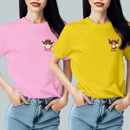 infirax Pack of 2 Women Graphic Print Round Neck Pure Cotton Multicolor T-Shirt image 2