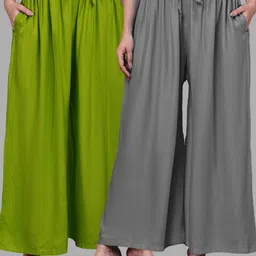 valles365 by s.c. Pack of 2 Women Flared Grey, Light Green Viscose Rayon Trousers-picture-29