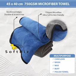 softbiz Microfiber Cleaning Thick Lint & Streak-Free Multipurpose Clothes - Automotive Microfibre Towels for Car Bike Cleaning Polishing Washing & Detailing Dual Color 40X45cms 750GSM (Blue) Wet and Dry Microfiber Cleaning Cloth image 3