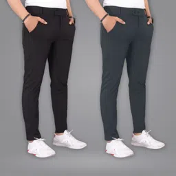 gibbonte Pack of 2 Men Slim Fit Black, Grey Lycra Blend Trousers-picture-25