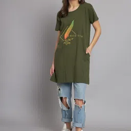 ad fashion Women Printed Round Neck Cotton Blend Dark Green T-Shirt-picture-14