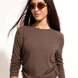tokyo talkies Casual Regular Sleeves Solid Women Brown Top image 1