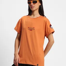 bewakoof Women Printed, Typography Round Neck Pure Cotton Orange T-Shirt image 3