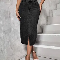 acuan Women Washed Pencil Black Skirt-picture-16