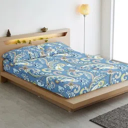 Blue Floral 210 TC Cotton Blend Fitted Bedsheet & 2 Pillow Covers by Aurave-picture-12